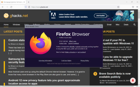 Firefox 91.0.1 修复稳定性和安全问题