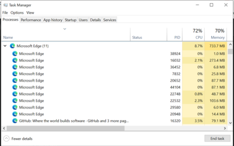 Microsoft Edge 进程将在任务管理器中显示完全不同