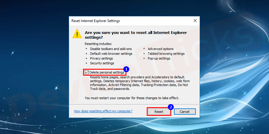 Check-on-delete-personal-settings-box-and-click-reset