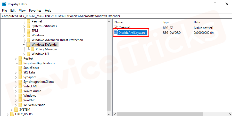 HKEY_LOCAL_MACHINE-Windows-Defender-folder-New-DWORD-DisableAntiSpyware-1