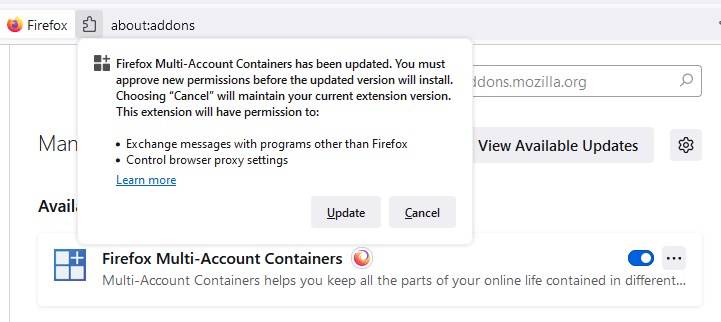 Firefox-Multi-Account-Containers-requires-permissions-to-exchange-messages-with-other-programs