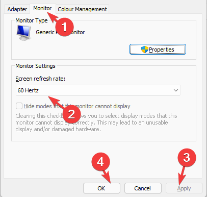 Display-properties-Monitor-tab-change-screen-refresh-rate-Apply-OK