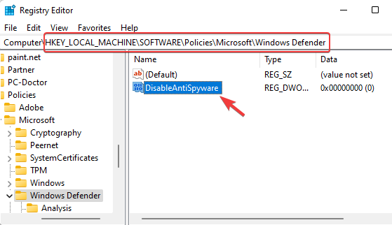 Registry-Editor-navigate-to-path-DisableAntiSpyware-double-click