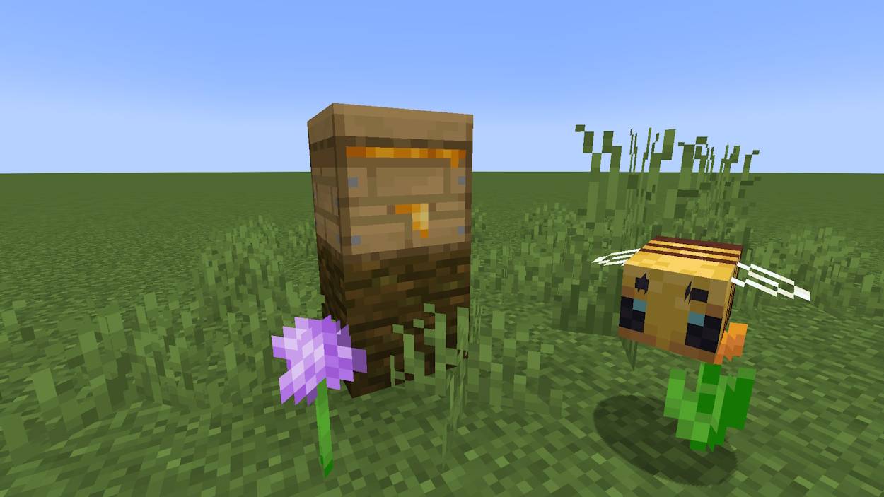 Beehive-Minecraft-bee-flying-next-to-a-full-behive